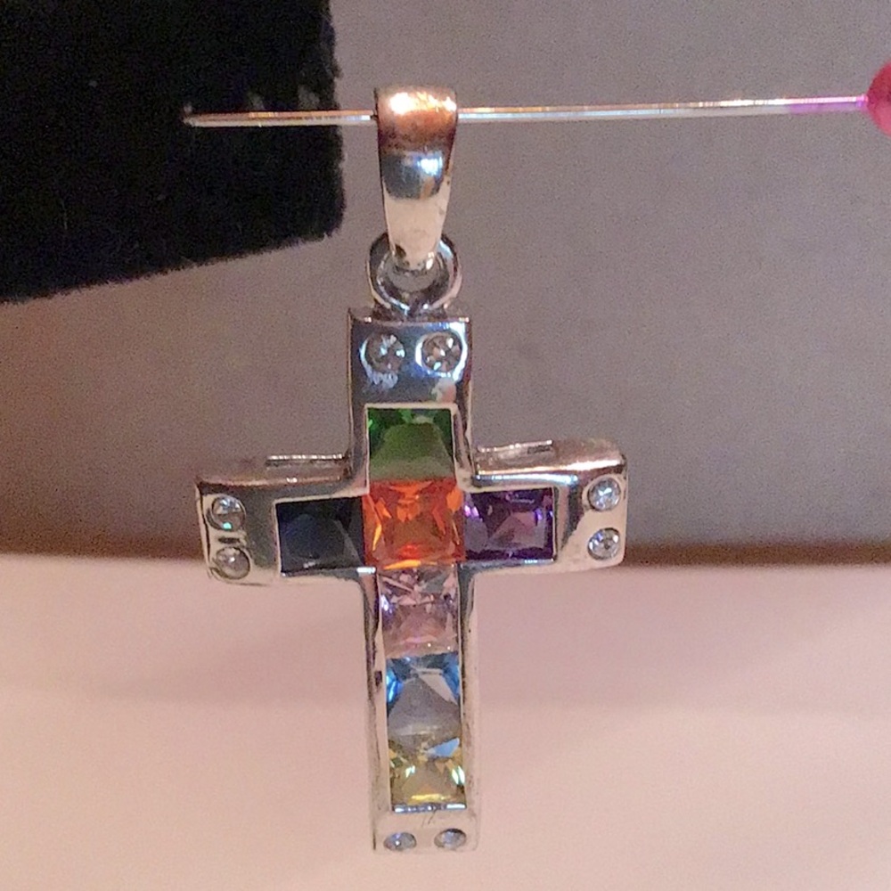 New Sterling Silver Cross Pendant. Round CZS, square colored CZS.